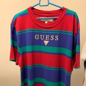Guess Originals Shirt Purple Red Green Men's Large Striped Short Sleeve (Used)